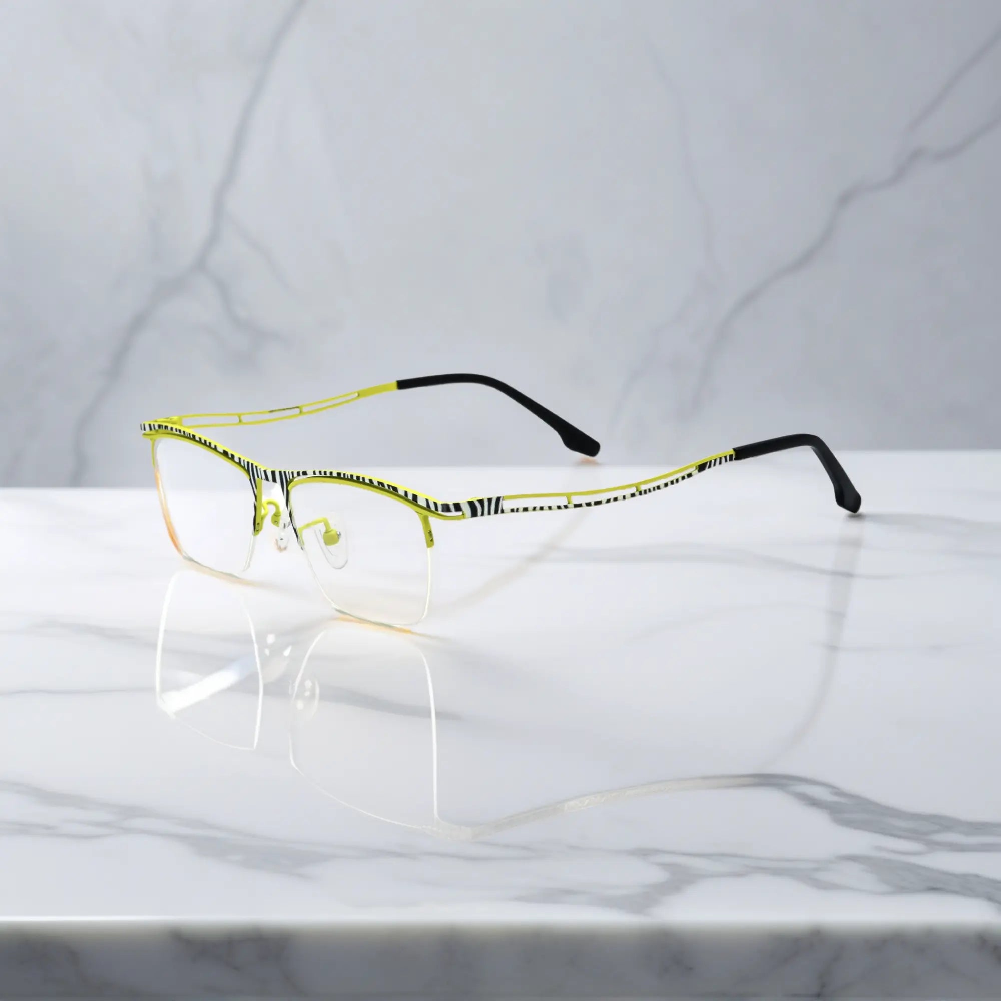 VoyueLens™ Zebra Yellow titanium semi-rim eyeglasses side view